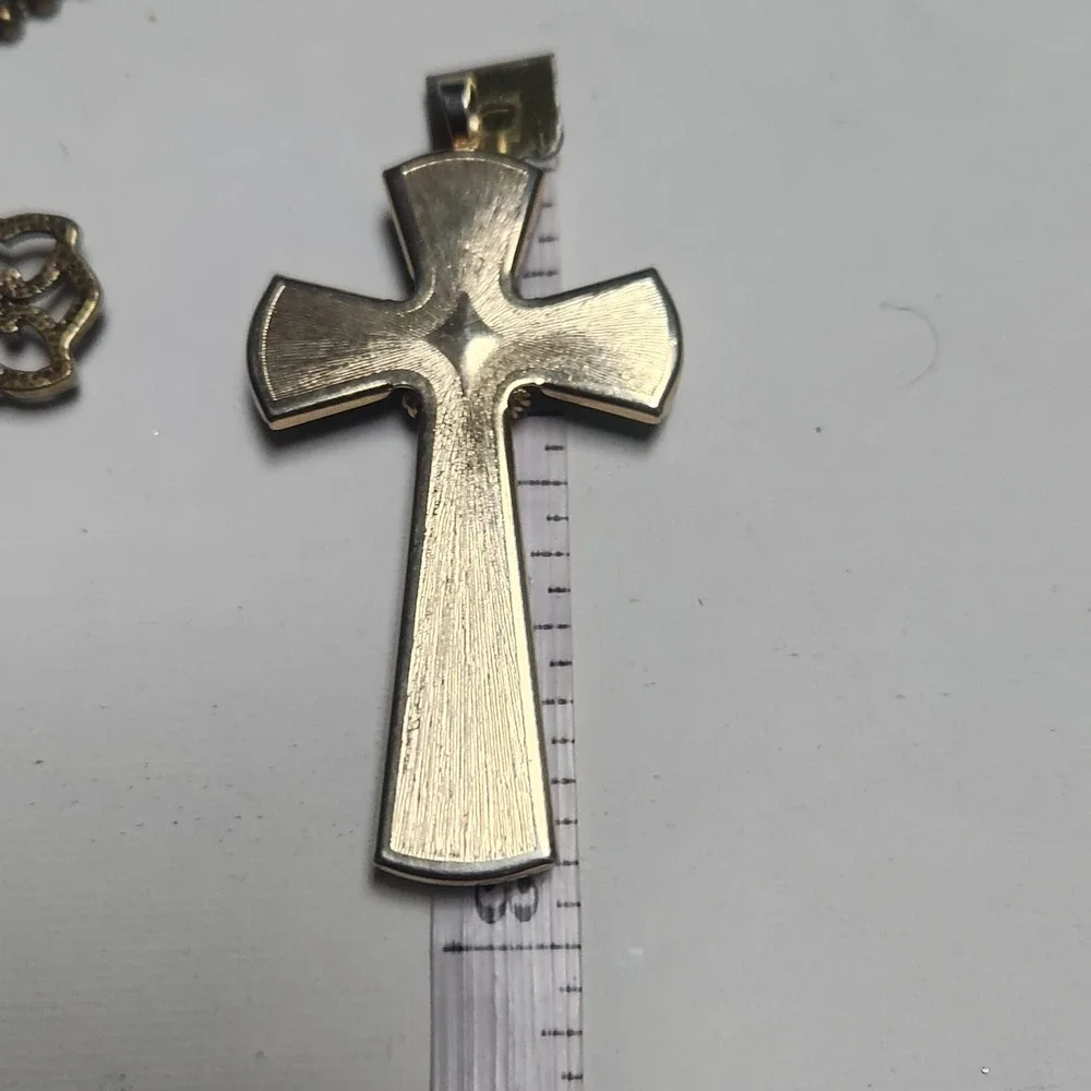 Ornate Bronze Filigree Cross Necklace and Green  acrylic Gold Tone Cross Pendant